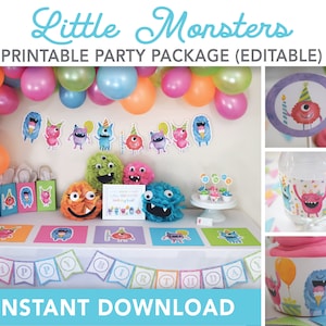 Monster Birthday Party Decorations PRINTABLE Package, Little Monster 1st Birthday Party Decor, EDITABLE Instant Digital Download