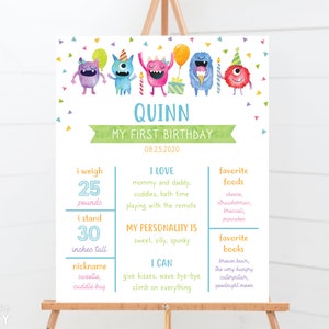 Little Monster Milestone Board PRINTABLE, Monster Birthday Milestone Poster, Boy Girl Twin Birthday Stats Sign, EDITABLE Digital Download