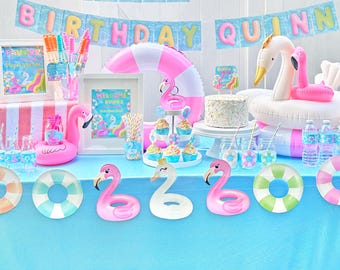 Pool Floatie Decorations PRINTABLE, Pool Birthday Party Decor Bundle With Invitation, Summer Birthday Party Bash, EDITABLE Digital Download