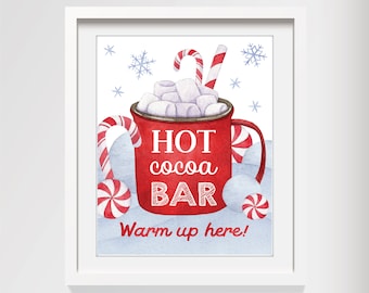 Hot Cocoa Bar Sign PRINTABLE, Christmas Hot Cocoa Bar Wall Art, Watercolor Hot Cocoa Bar Sign, Kitchen Decor Print, Instant Digital Download