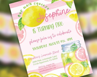 Pink Lemonade Birthday Invitation PRINTABLE, Lemon Birthday Party Invite, Our Main Squeeze Lemonade Invitation, EDITABLE Digital Download