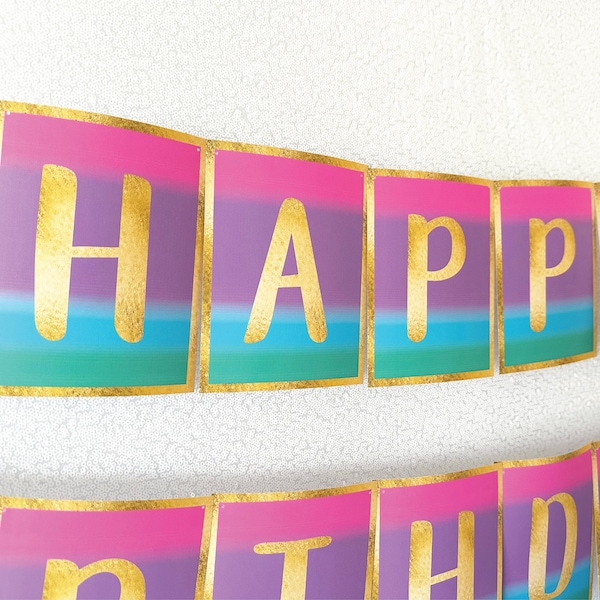 Happy Birthday Banner PRINTABLE, Colorful Bright Jewel Tone Ombre, Pink Purple Blue Gold Letter, ALL Numbers and Letters, Digital Download