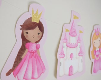 Princess Birthday Banner PRINTABLE, Princess Birthday Party Decorations, Castle Cutouts Bunting Garland Backdrop, Instant Digital Download