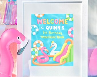 Waterslide Party Welcome Sign PRINTABLE, Waterslide Birthday Party Sign, Waterslide Pool Floatie Decorations, EDITABLE Digital Download