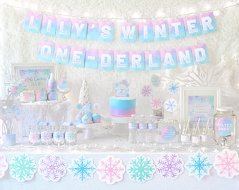 Winter ONEderland Party Decorations Bundle PRINTABLE, Winter ONE-derland Birthday Party Decor, Girl 1st Birthday Snowflake, Digital Download