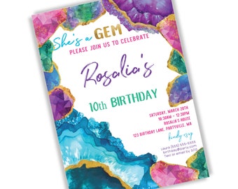 Gemstone Birthday Party Invitation PRINTABLE, &quot;She&#39;s A Gem&quot; Birthday Party Invite, Geode Crystal Gem Mining Rock Climbing, Digital Download
