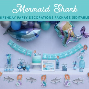 Mermaid and Shark Party Decorations and Invitation PRINTABLE, Mermaid Shark Birthday Party Package, Under the Sea, EDITABLE Digital Download