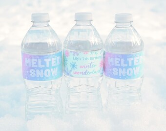 Winter Wonderland Water Bottle Label PRINTABLE, Melted Snow Water Bottle Wrapper, Snowflake Birthday Party Decorations,  Digital Download