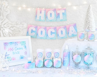 Hot Cocoa Bar Kit PRINTABLE, Winter Wonderland Hot Chocolate Bar, Pinkmas Pink Christmas Pastel Hot Cocoa Banner Sign Tags, Digital Download