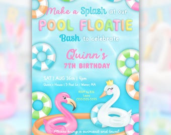 Pool Floatie Invitation PRINTABLE, Pool Party Birthday Party Invite, Summer Birthday Party, Flamingo Swan Float, EDITABLE Digital Download