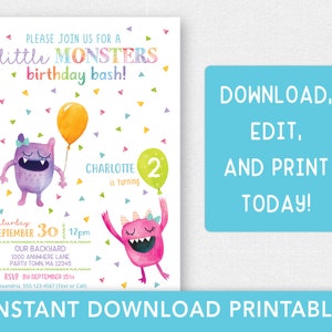 May include: Printable birthday party invitation featuring two cartoon monsters, one purple and one pink, with a yellow balloon and confetti. The text reads "Please join us for a little monsters birthday bash!" and "Charlotte is turning 2".