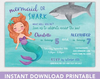 May include: A printable invitation for a mermaid or shark themed birthday party. The invitation features a cartoon mermaid and a shark with the text "mermaid or shark" and "What will you be? Join us to celebrate under the sea!"  The invitation also includes the names Charlotte and Alexander, their ages 5 and 7, and the date and time of the party.
