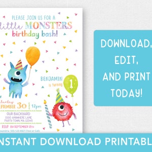 Little Monster Birthday Invitation PRINTABLE, Boy Monster Birthday Party Invite, Monster 1st Birthday Party Theme, EDITABLE Digital Download