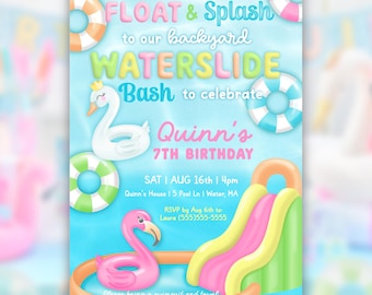 Waterslide Invitation PRINTABLE, Waterslide Pool Floatie Birthday Party Invite, Backyard Kiddie Pool Party, Splash Party,  Digital Download