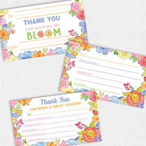 Teacher Appreciation Note Cards PRINTABLE, Thank You Card from Student to Teacher, Floral Flowers Theme, Thank You For Helping Me Bloom