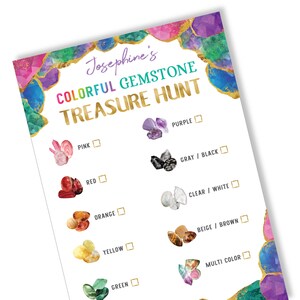 Cartão de caça ao tesouro de pedras preciosas PARA IMPRIMIR, Cartão de caça ao tesouro de pedras preciosas, Atividade de jogo para festa de aniversário, Caça às pedras preciosas coloridas, Download digital