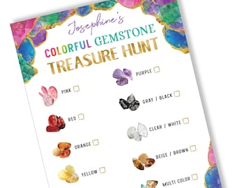 Gemstone Scavenger Hunt Card PRINTABLE, Rock Treasure Hunt Card, Birthday Party Game Activity, Color Gems Rock Hunt, Digital Download