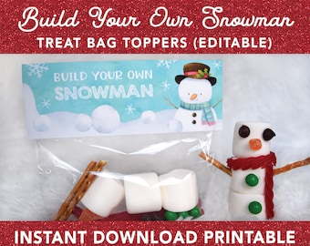 Marshmallow Snowman Treat Bag Topper PRINTABLE, Build Your Own Snowman Kit, Christmas Snowman Snack Tag, EDITABLE Instant Digital Download