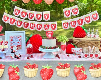 Strawberry Birthday Party Decorations Bundle PRINTABLE, Berry Sweet Birthday, Berry 1st Birthday, Spring Summer Birthday, Digital Download