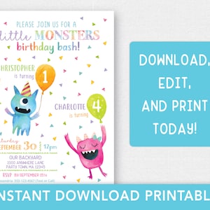 Little Monster Birthday Invitation PRINTABLE, Boy Girl Twins Sibling Joint Invite, Monster 1st Birthday Party, EDITABLE Digital Download