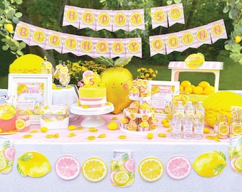 Pink Lemonade Decorations Bundle Package PRINTABLE, Lemon Birthday Party Decor, Lemonade Stand Decorations, EDITABLE Digital Download