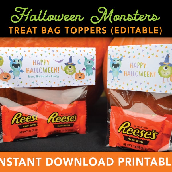 HALLOWEEN Monster Treat Bag Topper PRINTABLE | Happy Halloween Trick-or-Treat Tag | Halloween Birthday Party Favor Label | Digital Download
