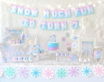 Winter Wonderland Party Decorations Bundle PRINTABLE, Pastel Snowflake Birthday Party Decor, Girl Winter Birthday Theme,  Digital Download