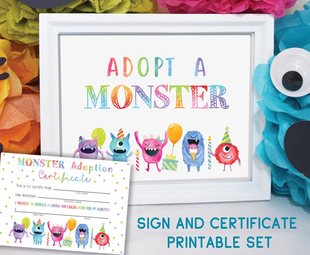 Adopt A Monster Certificate and Sign PRINTABLE, Monster Adoption, Adopt-a- monster Certificate, Monster Favor Sign, Instant Digital Download - Etsy