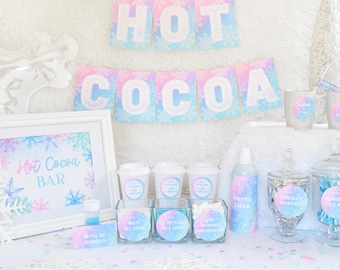 Hot Chocolate Bar Kit PRINTABLE, Winter Wonderland Hot Cocoa Bar, Pastel Winter January Hot Cocoa Banner Sign Tags, Digital Download