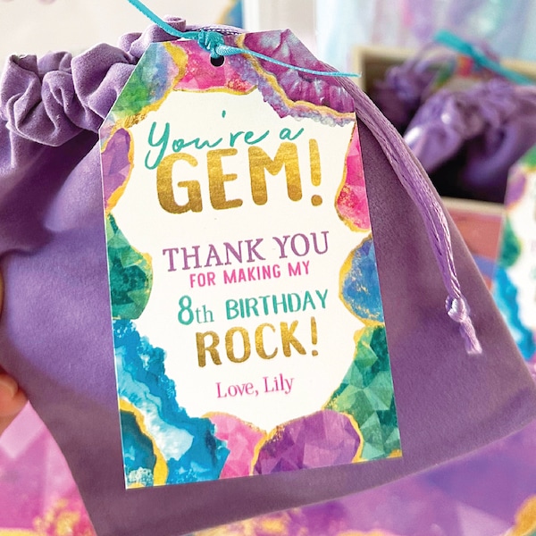 Gemstone Favor Tag PRINTABLE, Gemstone Birthday Party Gift Tag, "You're A Gem" Thank You Tag, Crystal Rock Candy Tag, Digital Download