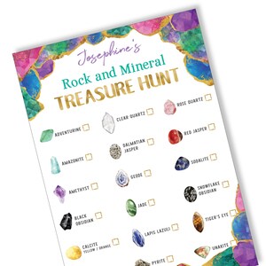 Tarjeta de búsqueda del tesoro de minerales y rocas para imprimir, búsqueda del tesoro de piedras preciosas, juego de fiesta de cumpleaños, lista de verificación de rocas y minerales, descarga digital