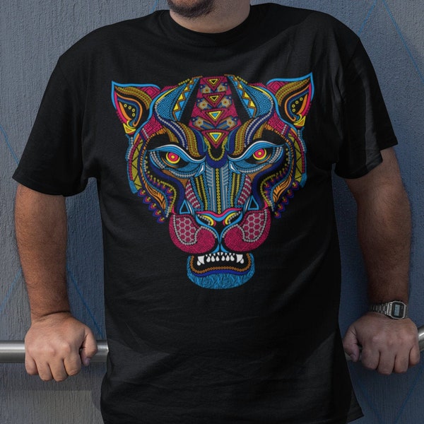 Artesania mexicana jaguar arte ropa mexicana jaguar camisa huichol arte camiseta mexicana más tamaño ropa vintage