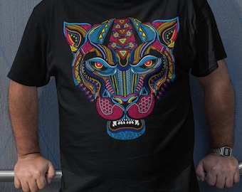 Unique Huichol Jaguar Art Mexican Vintage Graphic Plus Size Aztec T-shirt