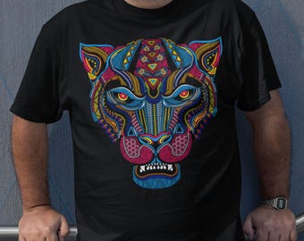 Huichol Jaguar Shirt Men: Colorful Wixarika Folk Art Cotton Tee