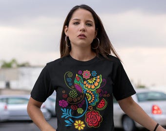 Otomi Bird Shirt for Women, Colorful Mexican Folk Art Tee Gift for Her