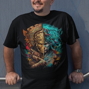 Aztec Female Warrior Art Print T-Shirt, Mexican Jaguar Design for Men