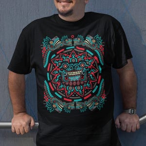 Quetzalcoatl Shirt, Aztec Sun Stone Serpent Men's Tee, Mesoamerican Art