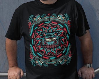 Camiseta Quetzalcóatl, Serpiente de Piedra del Sol Azteca para Hombre, Arte Mesoamericano
