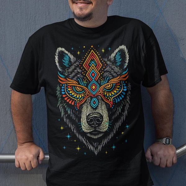 T-shirt animal esprit loup aztèque : oeuvre d'art masculine unique pour homme, t-shirt cadeau tribal mexicain