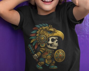 Camiseta infantil de guerrero águila azteca: camiseta gráfica de fuerza prehispánica, un regalo cultural único para niños.