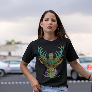 Chemise à imprimé cerf Huichol, T-shirt mexicain pour femme, cadeau Artesania fait main