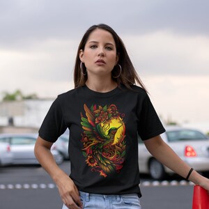 Colorful Hummingbird Print T-Shirt for Bird Lovers, Mexican Art Gift Women&#39;s Apparel
