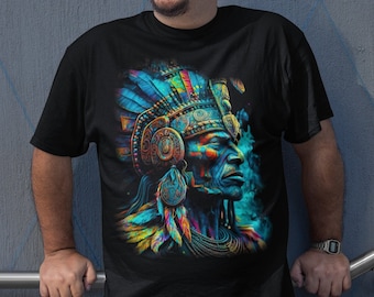 May include: A black t-shirt with a colorful graphic print of a Native American man wearing a headdress. The graphic is a vibrant mix of blue, green, yellow, and orange.