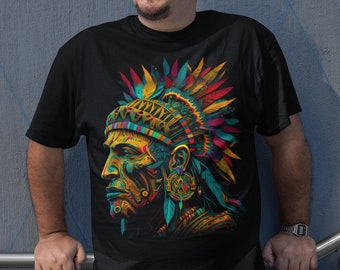 May include: A black t-shirt with a colorful graphic of a Native American man wearing a headdress. The graphic is made up of geometric shapes and patterns in shades of yellow, blue, green, and red.