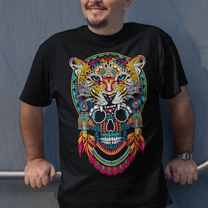 Men's Aztec Art Shirt with Jaguar Print - Mexican Balam Design T-shirt