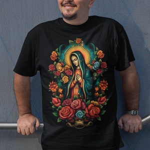 Men&#39;s Guadalupe Virgin Mary T-Shirt: Spiritual Mexican Catholic Art Clothing for Religious Devotion