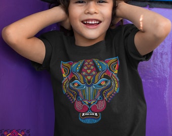 Huichol Jaguar Kids T-Shirt, Colorful Aztec Graphic, Vintage Mexican Art Tee