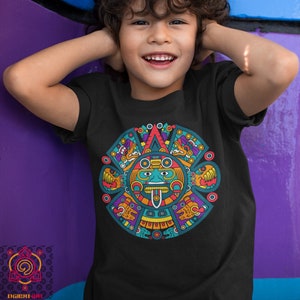 Unique Kids Mexican T-Shirt with Mayan Art, Aztec Calendar Print, Cool Graphic Tee