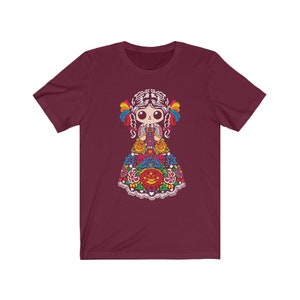 Muñecas mexicanas camiseta mexicana camisa mexicana camisa mexicana mujeres chicas mexicanas ropa arte mexicano impresión artesanias mexicanas Maroon