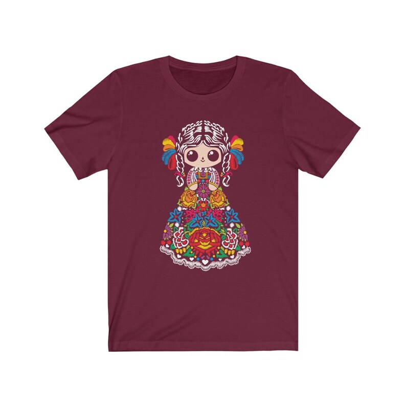 Muñecas mexicanas camiseta mexicana camisa mexicana camisa mexicana mujeres chicas mexicanas ropa arte mexicano impresión artesanias mexicanas Maroon